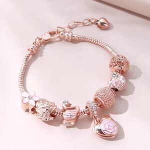 Rose Gold Swan Heart Flower Charm Bracelet